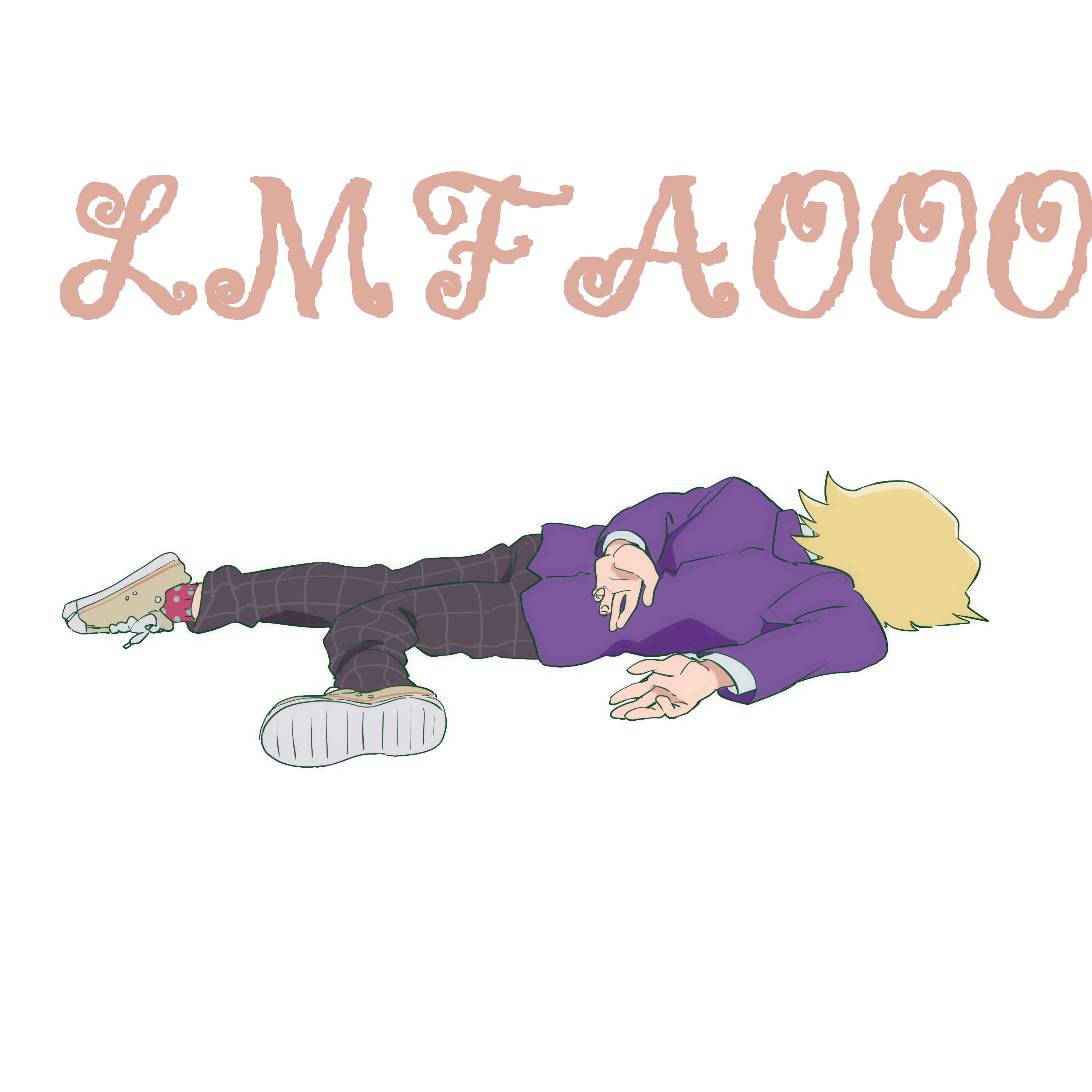 mob psycho 100 teru on the floor with LMFAOOO in fancy letters above him